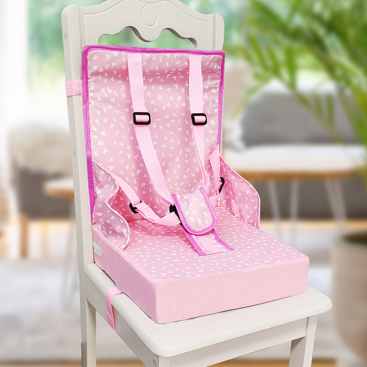 Kids Dining Chair Cushion with Backrest and Adjustable Straps, Foldable Oxford Cloth Seat Pad with Removable Washable Cover for Home and Travel