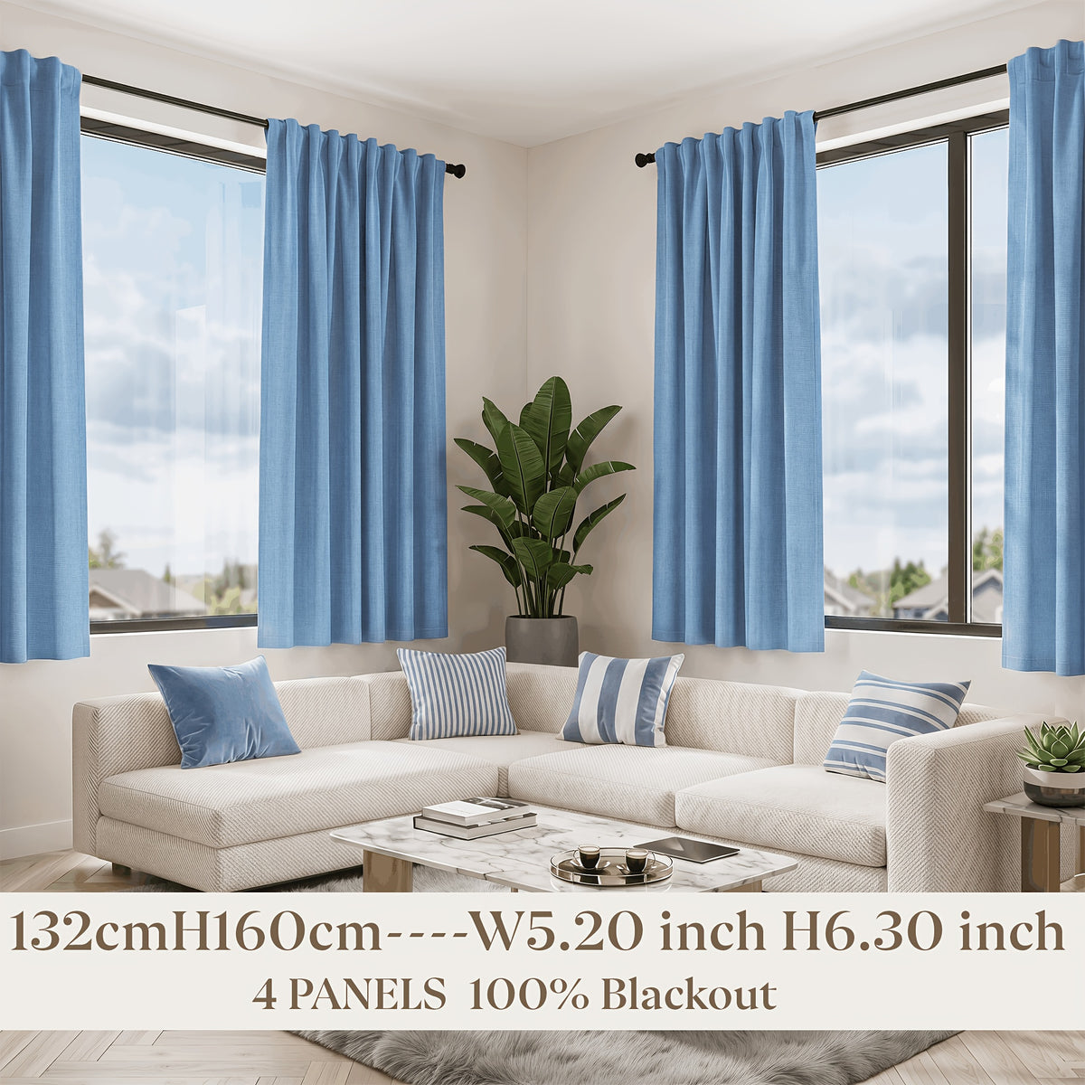 Blue Nursery Blackout Curtains 4-Panel Set, 52 x 63 Inch Coated-Lining Window Drapes with Four Hanging Methods for Bedroom Privacy