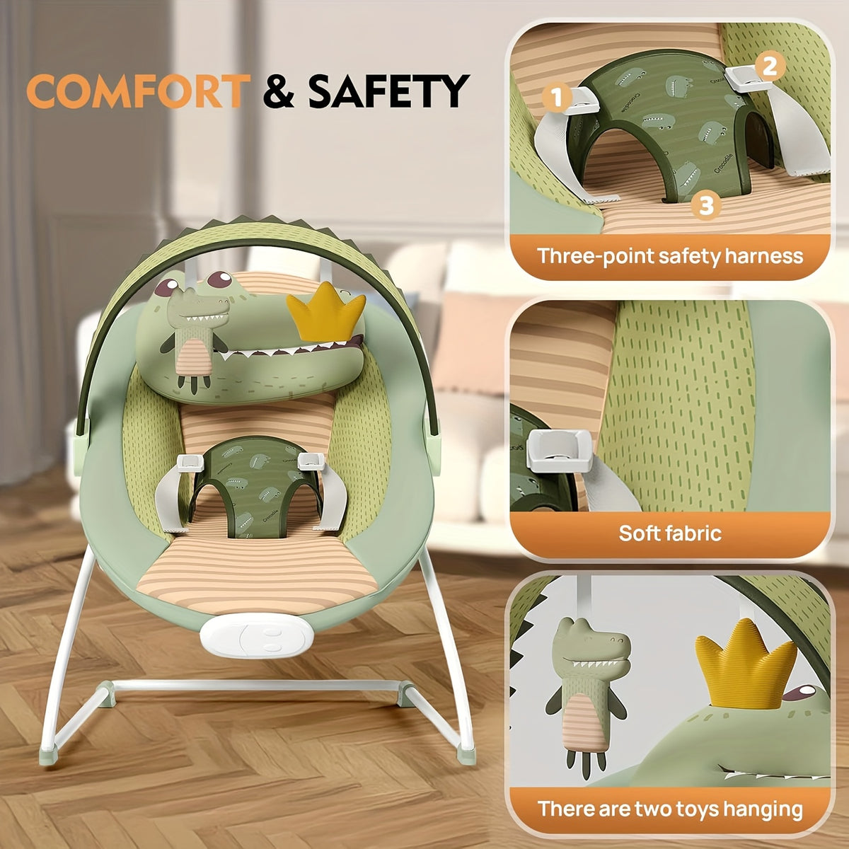 Foldable Infant Bouncer Seat with Hanging Toy Arch, Pink Crown or Green Crocodile Design for Supervised Awake Play, Listed Up to 20 lbs