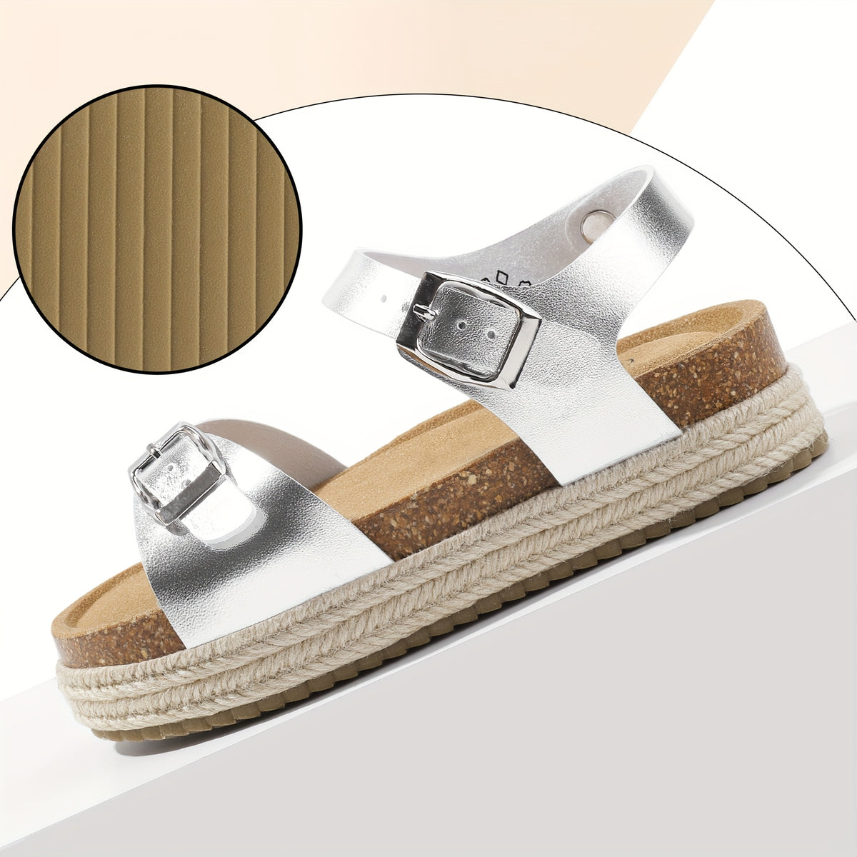 Kids Cork-Style Beach Sandals with Buckle, Lightweight Slip-On Summer Shoes in White, Black or Silvery Grey for Little Kids and Big Kids