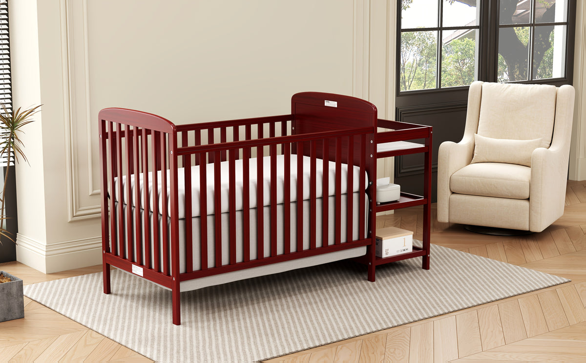 Baby Crib with Changing Table, Goldzone 4-in-1 Convertible Wooden Nursery Crib with Four Mattress Heights, Two Storage Shelves and Toddler Bed Conversion, White