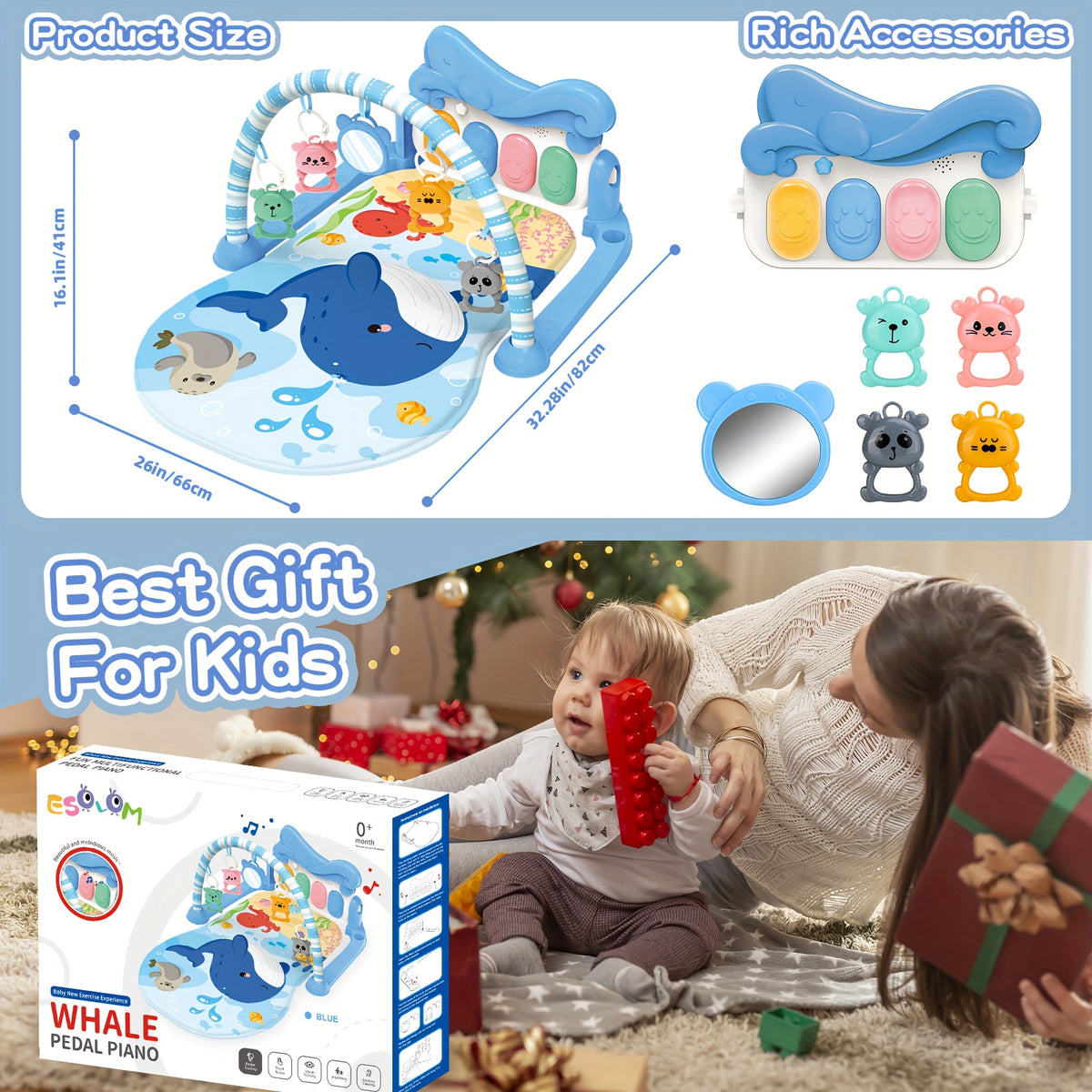 Kick and Play Piano Baby Activity Mat in Blue with Light-Up Keys, 4 Detachable Sensory Toys and Mirror for Newborn Tummy Time and Floor Play