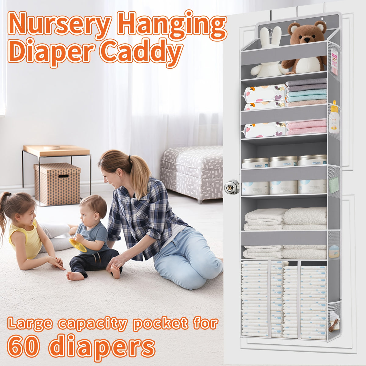 Swing-Proof Over the Door Organizer, 6-Shelf Hanging Storage with 6 Clear Front and 12 Side Pockets, Holds Up to 50LB, No-Drill Behind Door Storage for Nursery, Closet, Bedroom and Bathroom