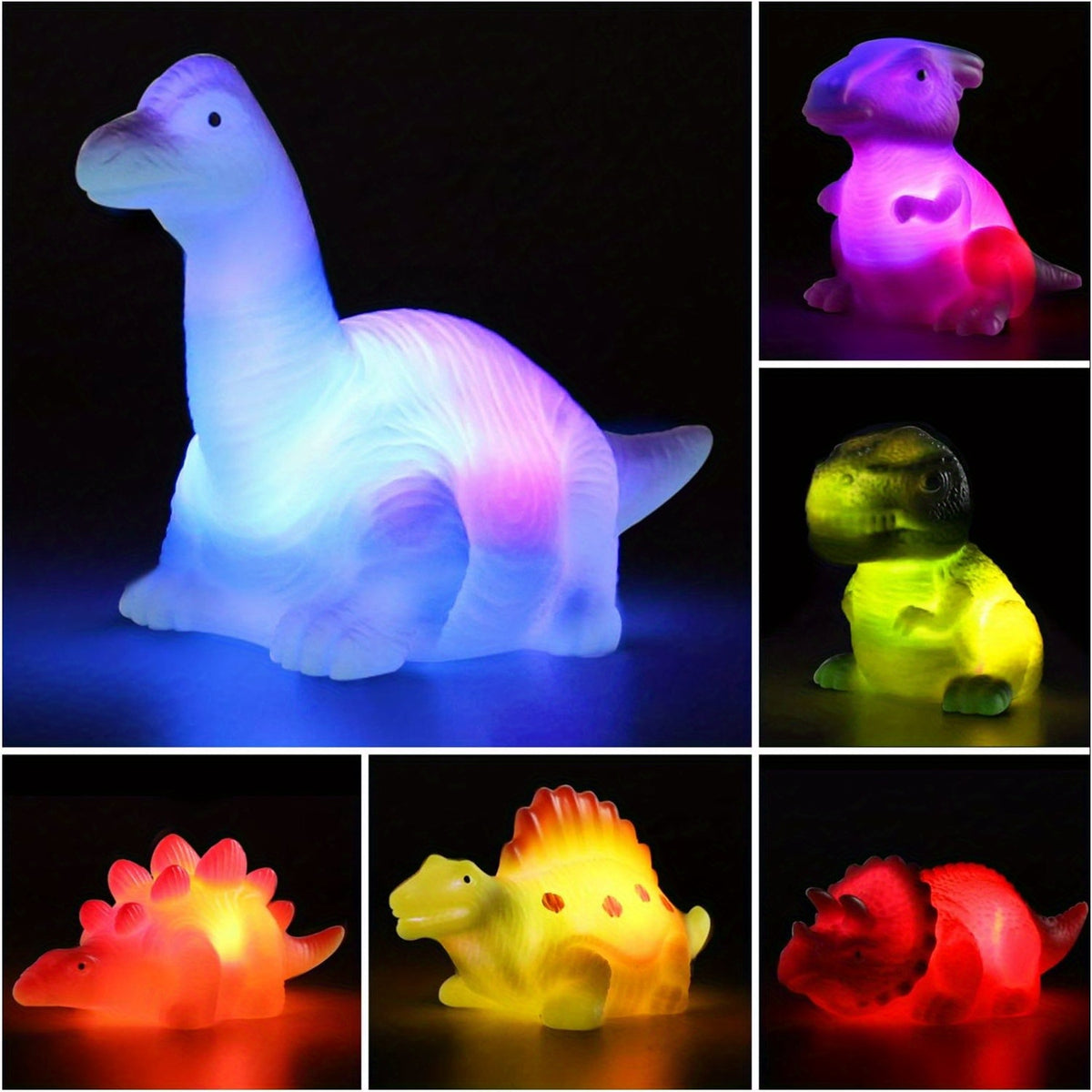 Light-Up Dinosaur Bath Toys 6-Pack, Water-Activated No-Hole Dinosaur Figures in Random Colors for Supervised Bathtub and Water Play