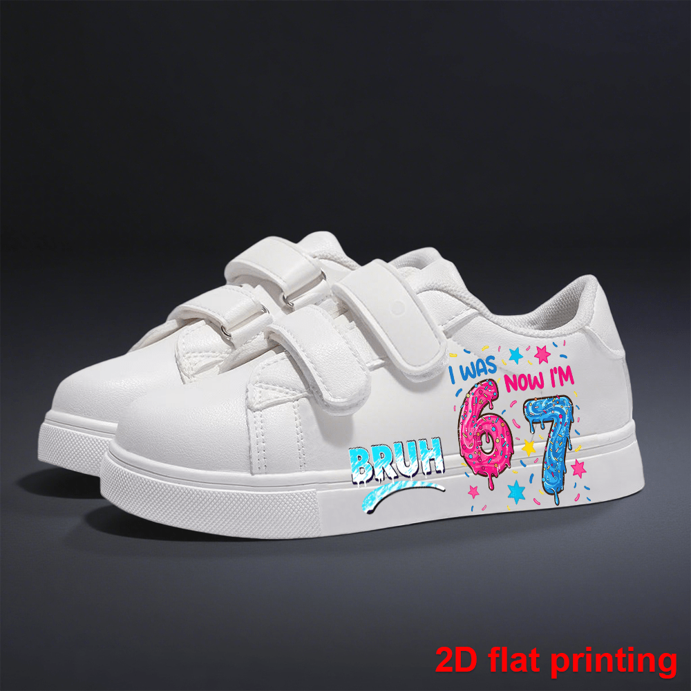 Kids Birthday Sneakers with I Was 6 Now I'm 7 Print, White Low-Top Triple-Strap Cartoon Shoes for Boys and Girls, Party Outfits and Everyday Casual Wear