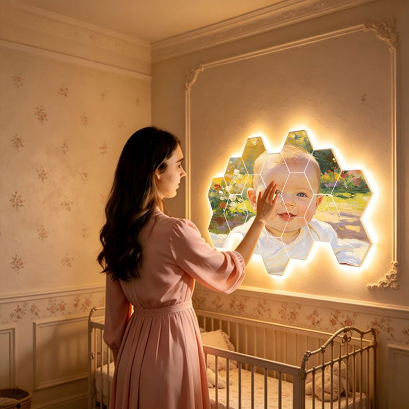 Hexagon Nursery Photo Wall Frames with Touch-Activated Lighting, Customizable Modular Picture Display for Baby Growth Memories and First Birthday Decor
