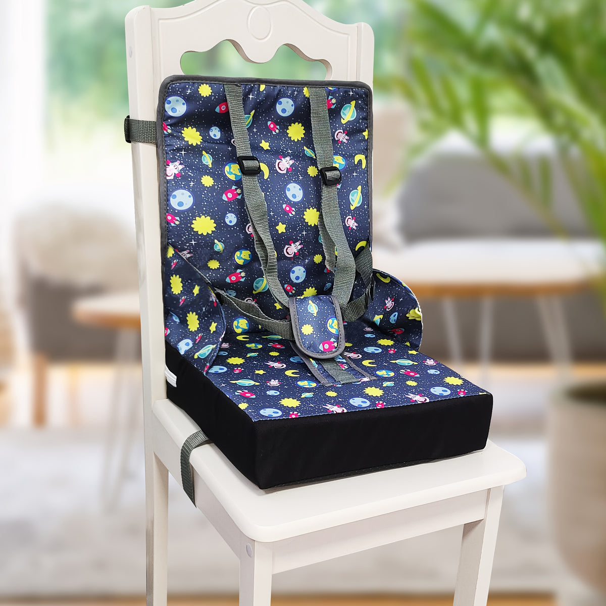 Kids Dining Chair Cushion with Backrest and Adjustable Straps, Foldable Oxford Cloth Seat Pad with Removable Washable Cover for Home and Travel