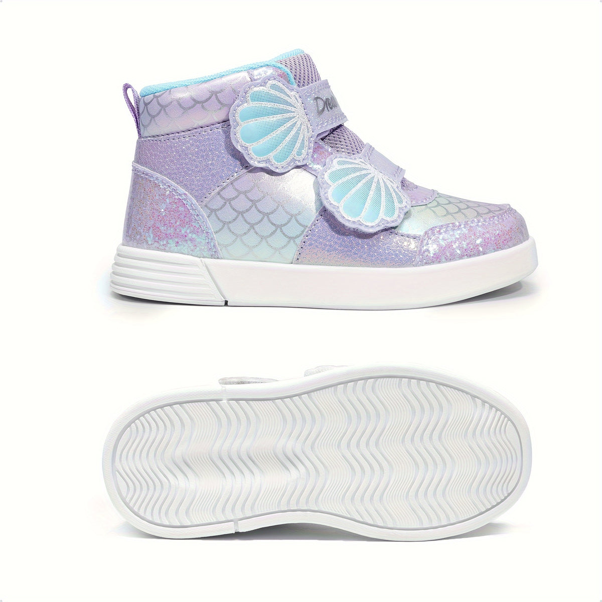 Girls Shell-Pattern High-Top Sneakers with Shiny Detail, Casual Walking Shoes for Toddlers and Little Kids in Pink, Lavender or White