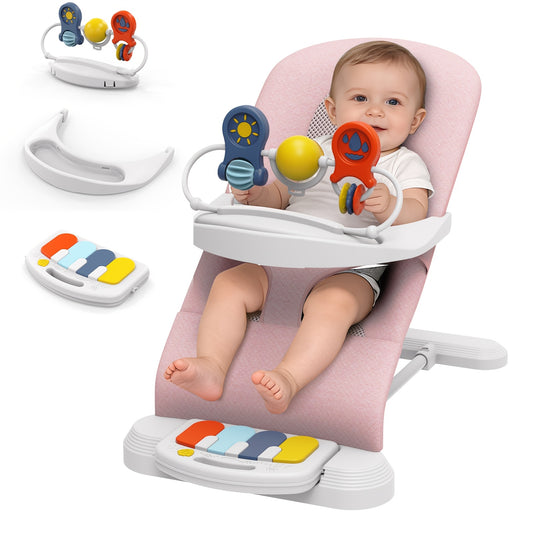 Piano Baby Bouncer and Rocker, 3-in-1 Portable Seat with Detachable Keyboard, Feeding Tray, Play Bar and Three Adjustable Incline Positions