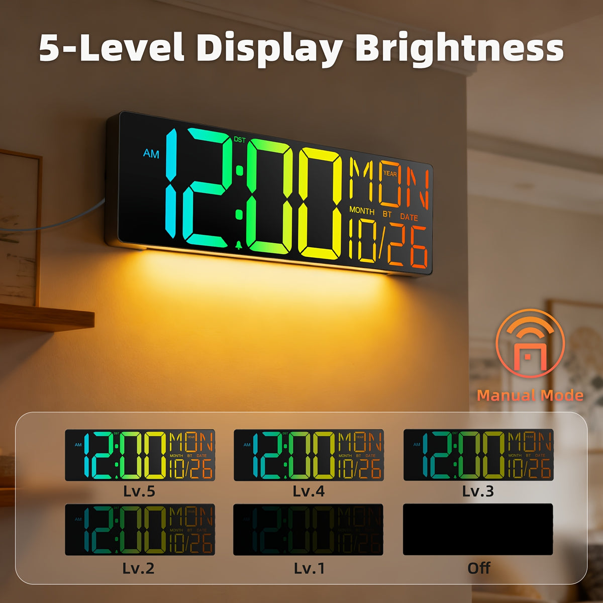 LED Digital Wall Clock 18 Inch with 8 RGB Display Colors, Remote Control and 10-Level Dimming, Timer, Temperature and Alarm for Home Rooms