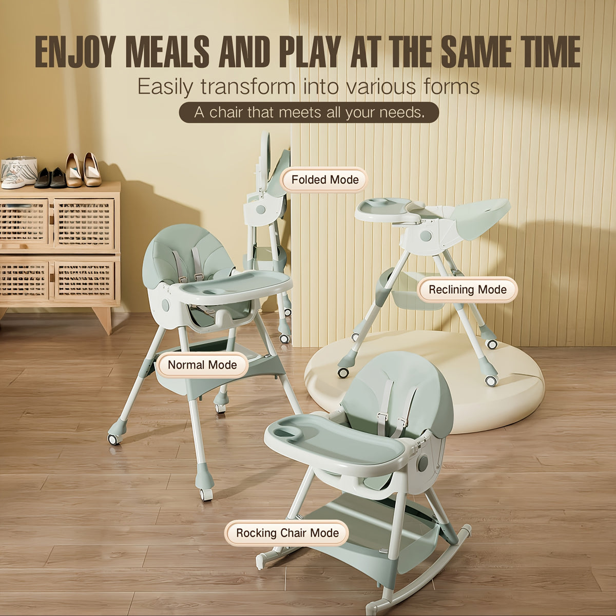 Double Tray Baby High Chair, Adjustable PU Leather Dining Seat with Five-Point Harness and Detachable Two-Layer Tray for Home Mealtimes