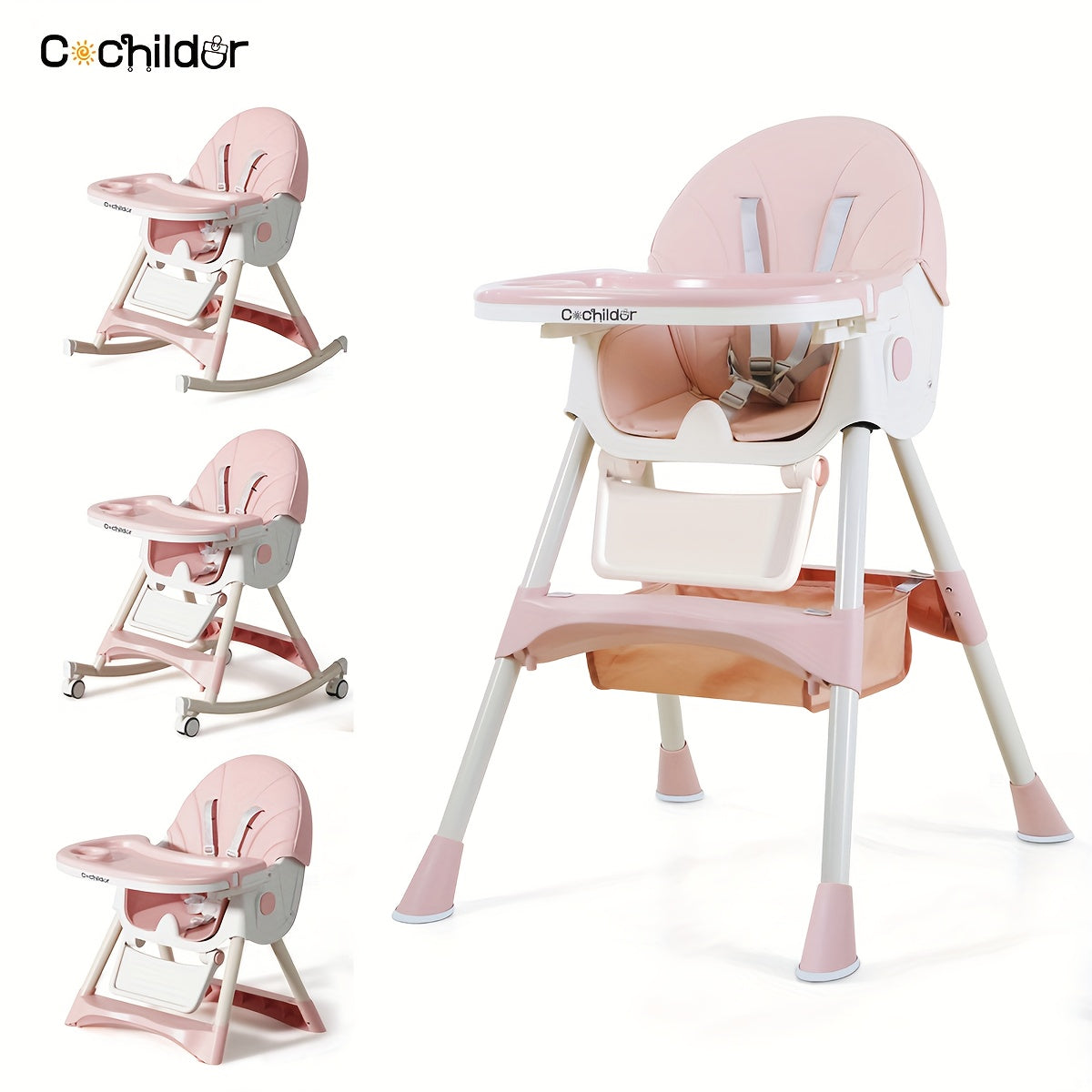 Adjustable Baby Dining Chair with Tray, Convertible Folding High Chair with Multi-Position Backrest and 5-Point Harness for Home Meals and Outings