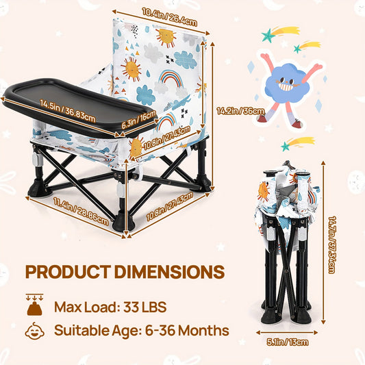 Baby Dining Chair with Tray, Foldable Portable Seat That Straps to a Kitchen Chair for Supervised Mealtimes, Indoor and Outdoor Use in Cloud or Pink Style