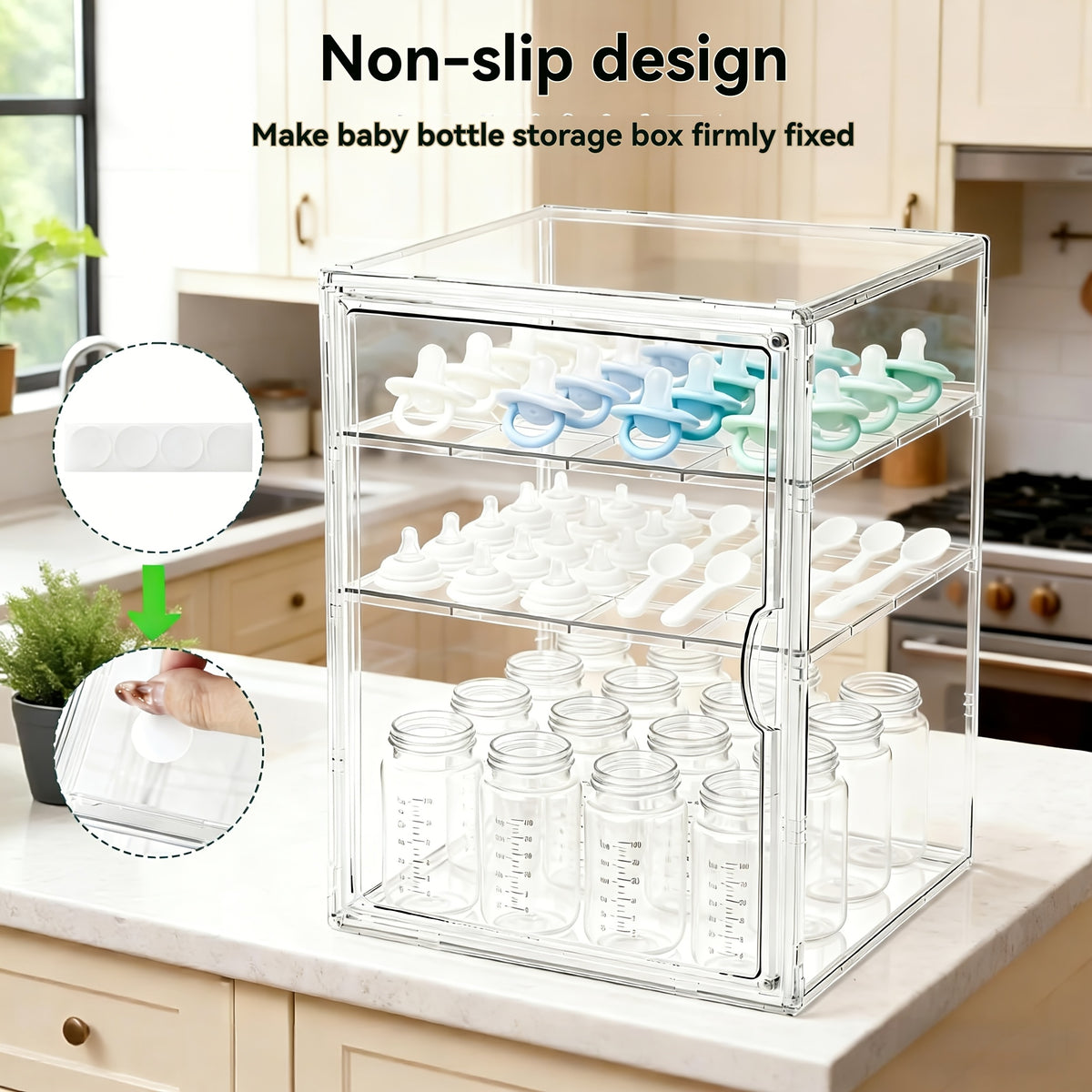 Clear Baby Bottle Storage Organizer with Covered Access and Divided Shelves, Small or Large Feeding Supply Storage Box for Countertop Organization
