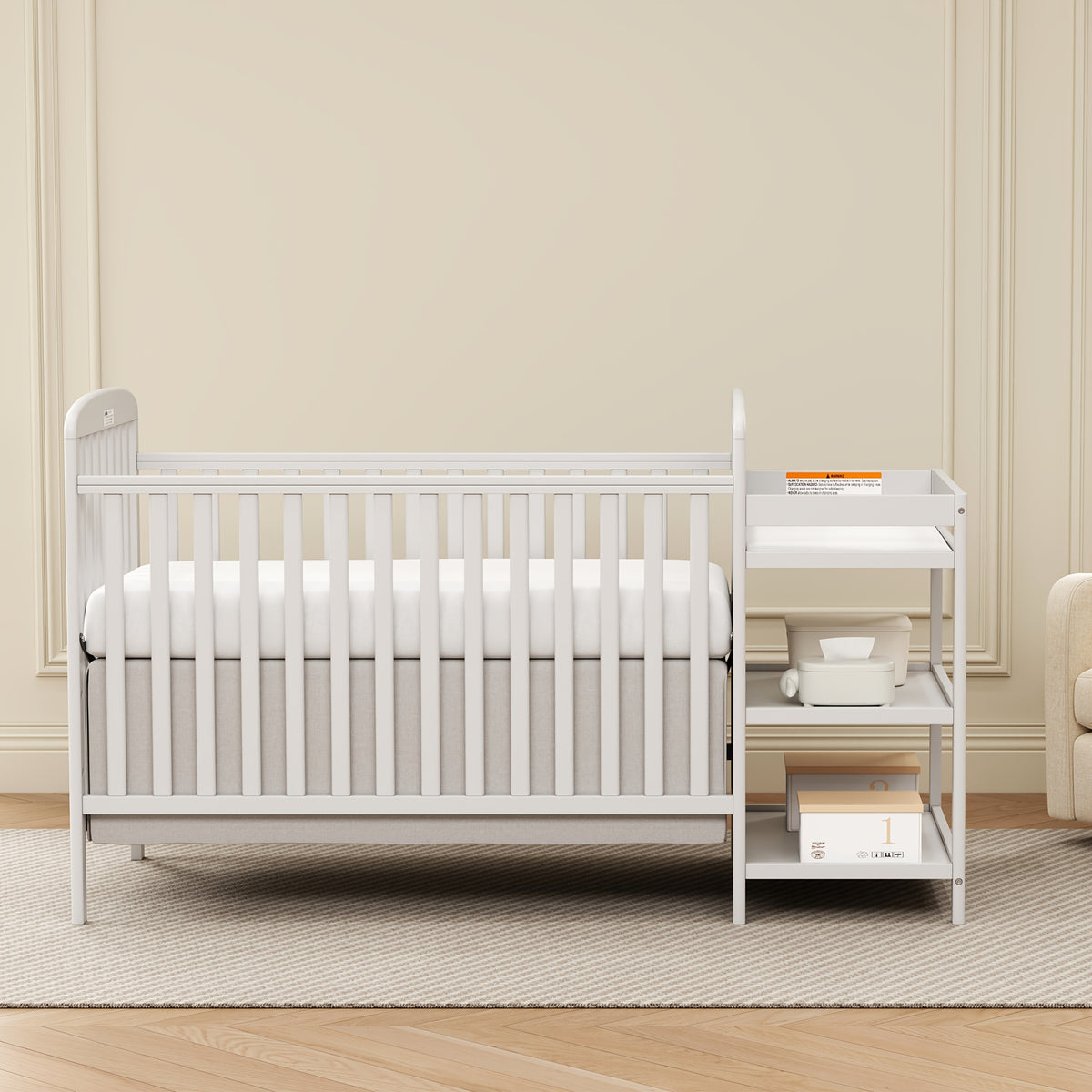 Baby Crib with Changing Table, Goldzone 4-in-1 Convertible Wooden Nursery Crib with Four Mattress Heights, Two Storage Shelves and Toddler Bed Conversion, White