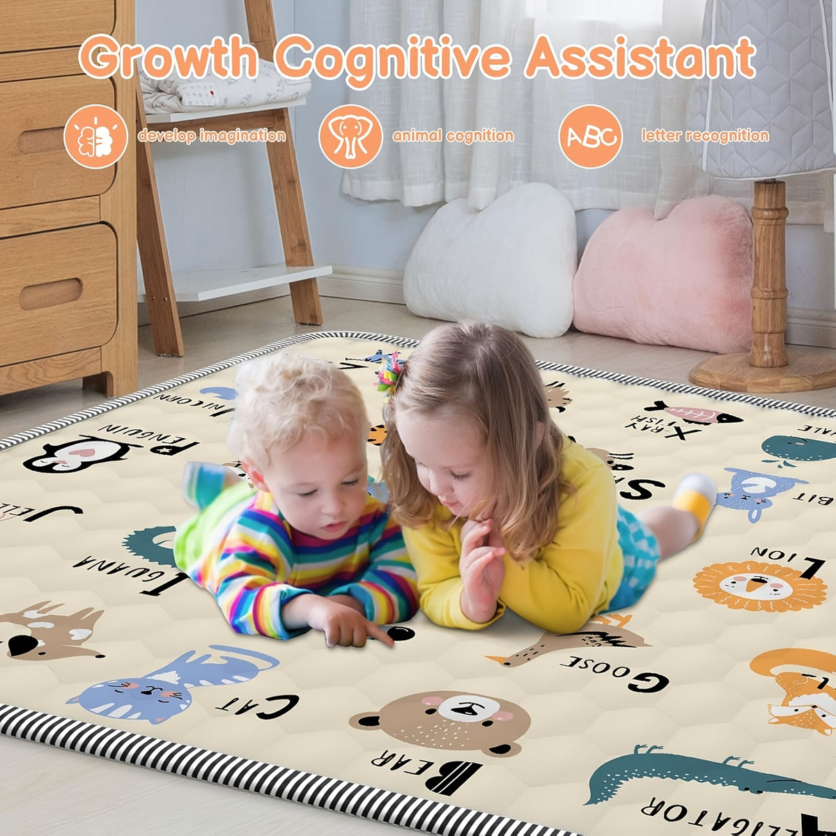 Animal Alphabet Baby Play Mat, Soft Non-Slip Foldable Crawling Floor Mat for Supervised Tummy Time, Machine Washable with Multiple Size Options