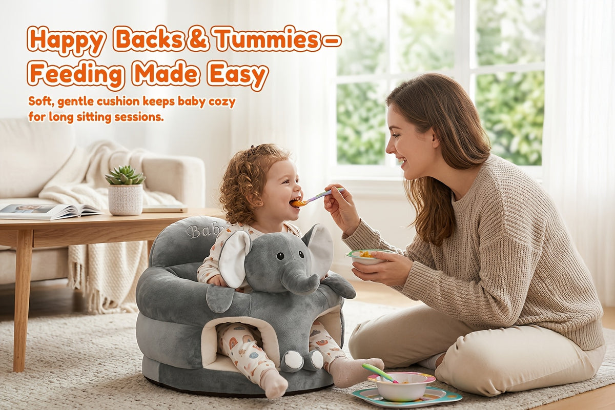 Plush Toddler Floor Seat with Back Support, Cartoon Elephant or Bear Baby Sofa Chair for Supervised Sitting and Play in Nursery or Living Room