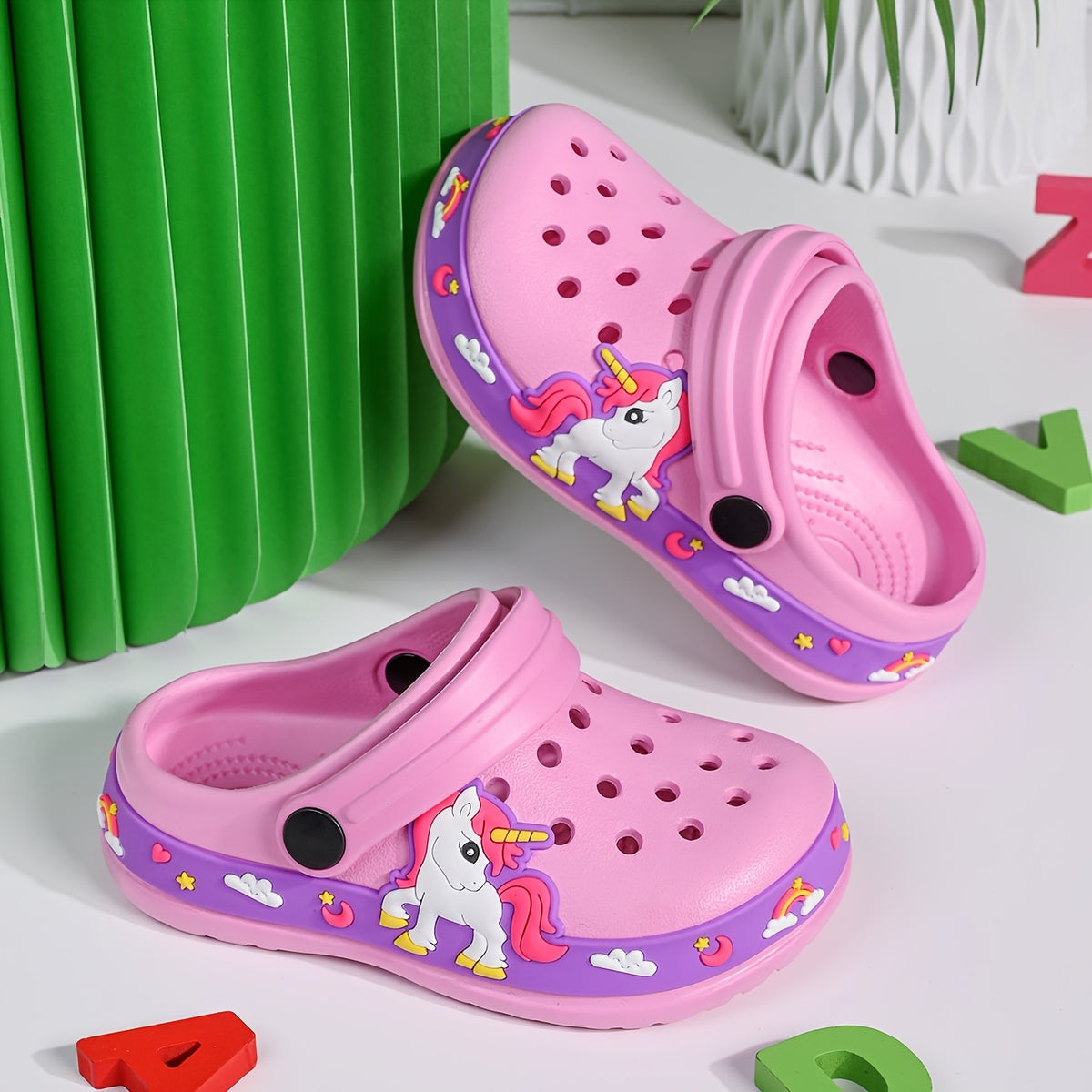 Cartoon Summer Clogs for Kids, Lightweight Breathable EVA Slip-On Sandal-Style Shoes for Boys and Girls in Navy, Rose Red, Pink or Blue