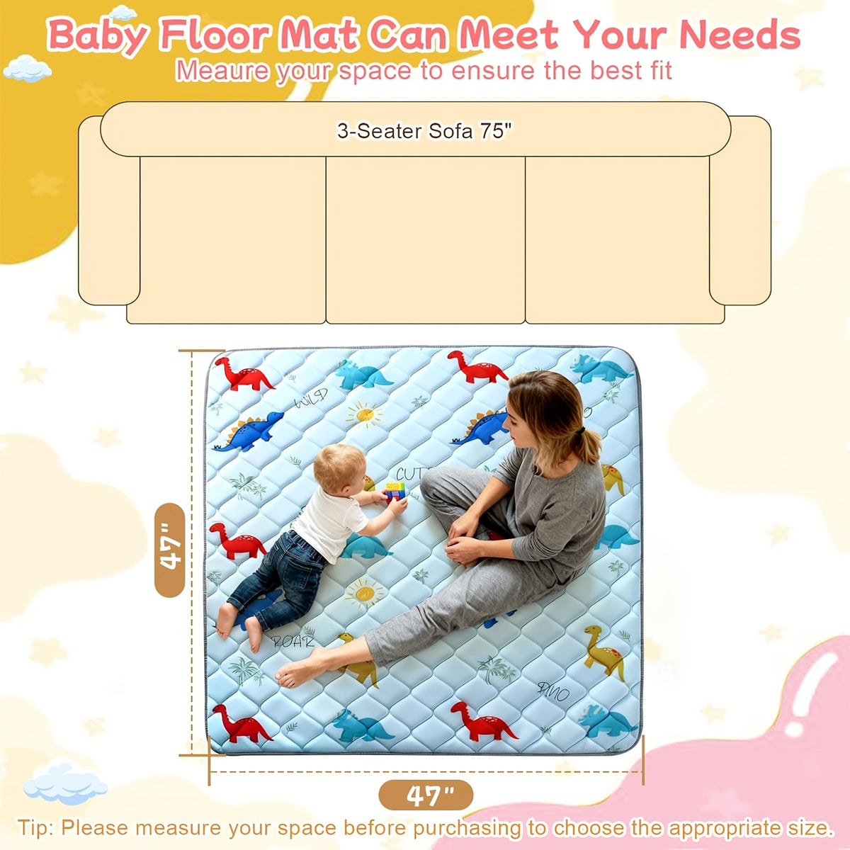 Animal Alphabet Baby Play Mat, Soft Non-Slip Foldable Crawling Floor Mat for Supervised Tummy Time, Machine Washable with Multiple Size Options
