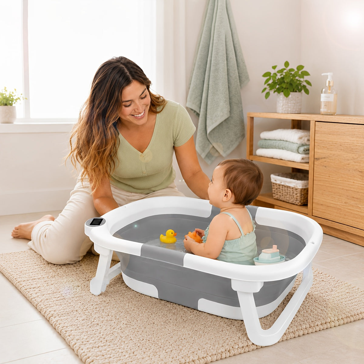 Space-Saving Baby Bath Tub with Soft Cushion and Thermometer, Foldable Portable Bathtub for Supervised Bath Time at Home and Travel