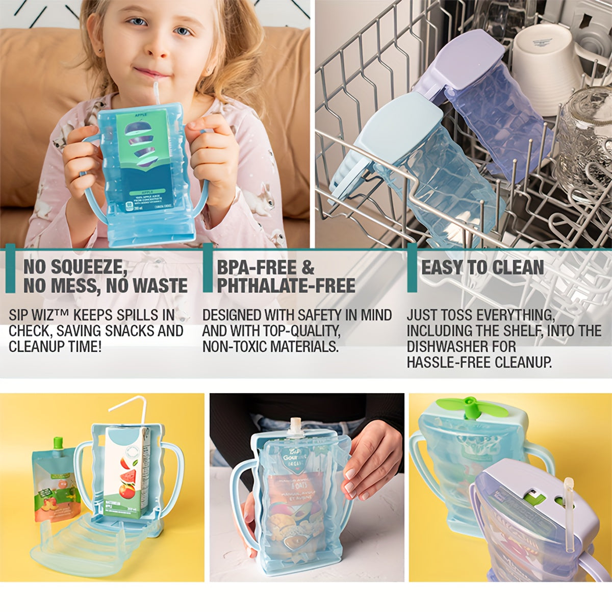 Toddler Food Pouch Holder 2-Pack by PINDAR, Purple Reusable Anti-Squeeze Holders with Dual Handles for Yogurt Pouches and Juice Boxes