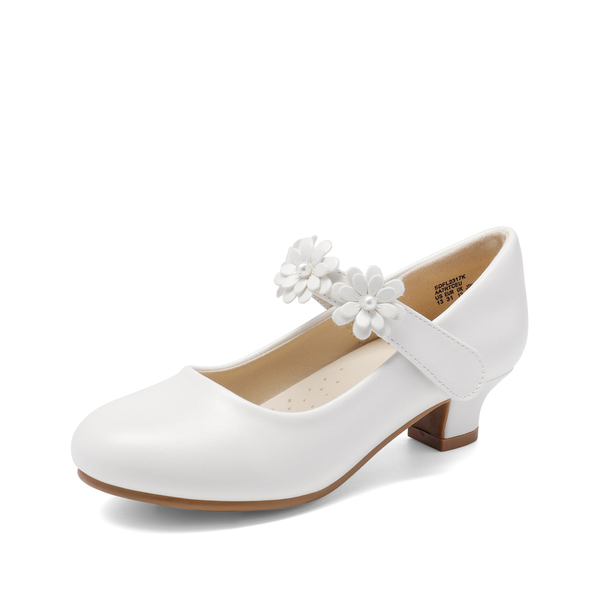 Flower Strap Mary Jane Shoes for Girls with Round Toe and Low Heel, Dressy Party and Wedding Footwear in Black, Golden, Ivory White or White for Little and Big Kids