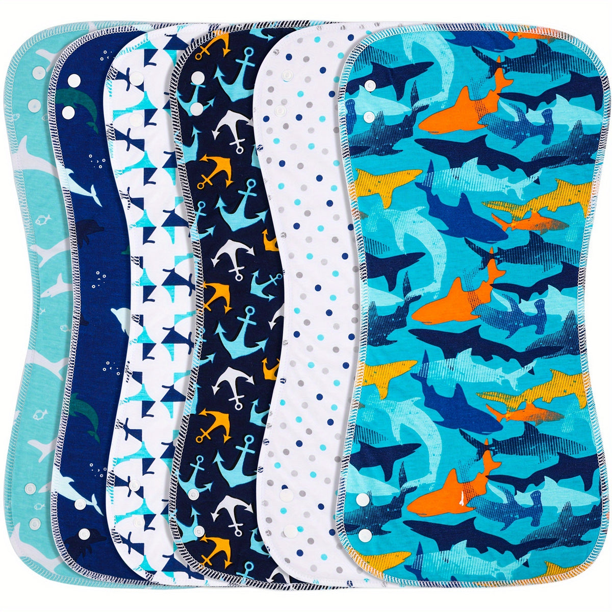 Large Baby Burp Cloths with Snaps, 6-Pack Soft Absorbent 3-Layer Spit-Up Rags, 18.5 x 8.7 Inch Shoulder Cloths in Shark or Water Ripple Styles