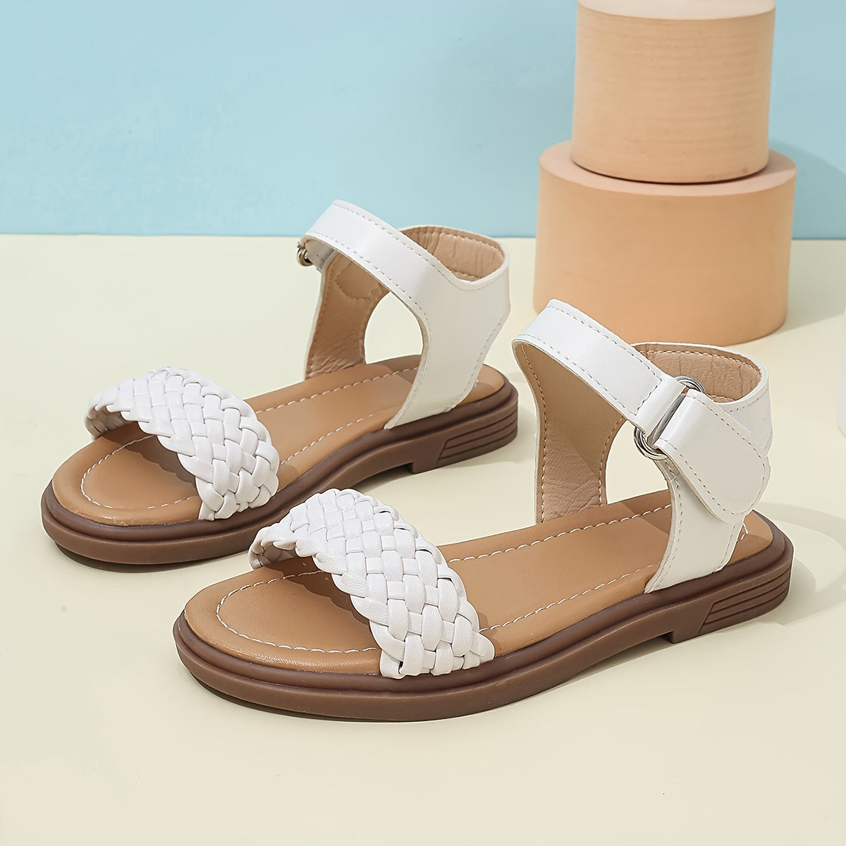 Kids White Woven Sandals with Striped Upper and Hook-and-Loop Closure, Flat TPR Sole and Lace-Up Detail for Spring and Summer Outings
