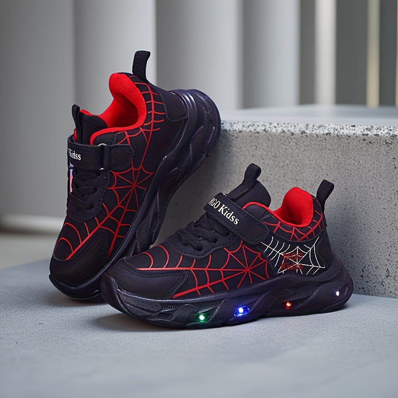 Boys LED Light-Up Mesh Sneakers with Spider-Inspired Design, Red Blue or Black Casual Running Shoes for Toddler, Little Kid and Big Kid Sizes