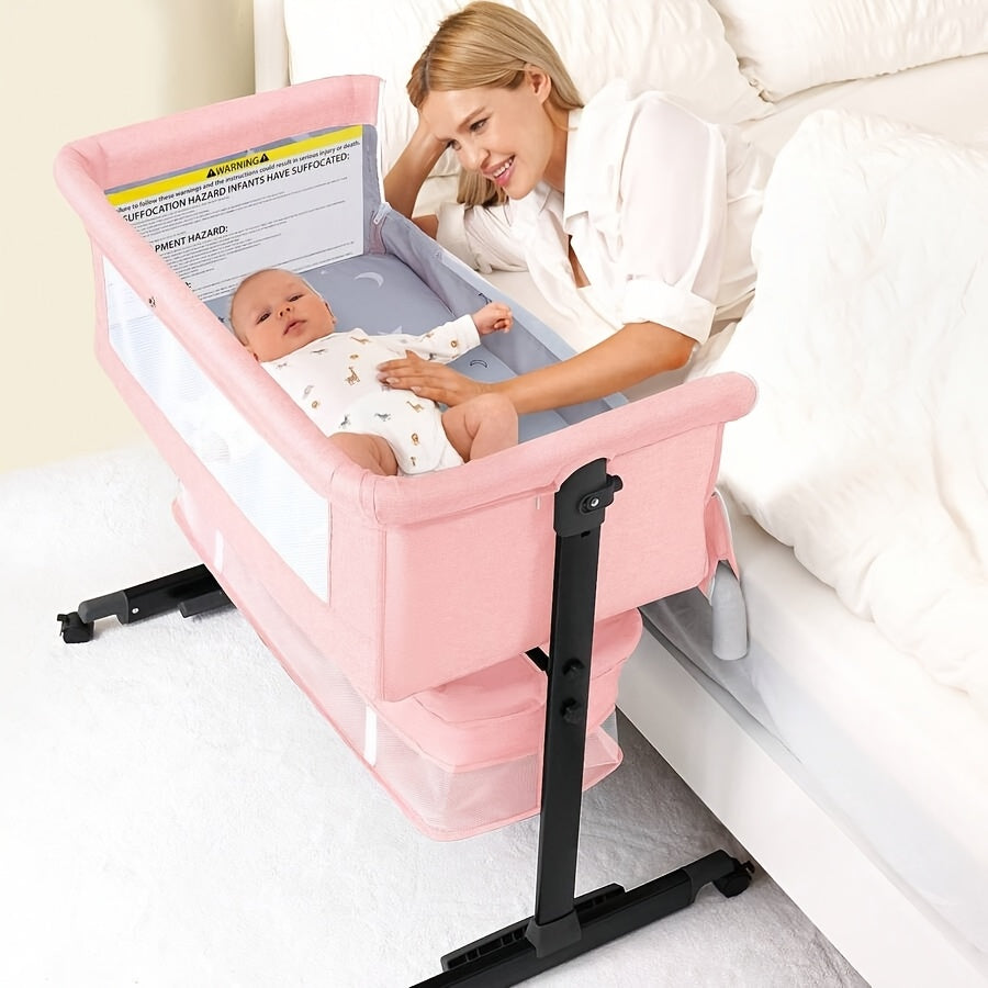 Adjustable Bedside Baby Bassinet with Lockable Wheels, Mosquito Net, Storage Bag and Mattress, Pink or Dark Gray Infant Sleeper
