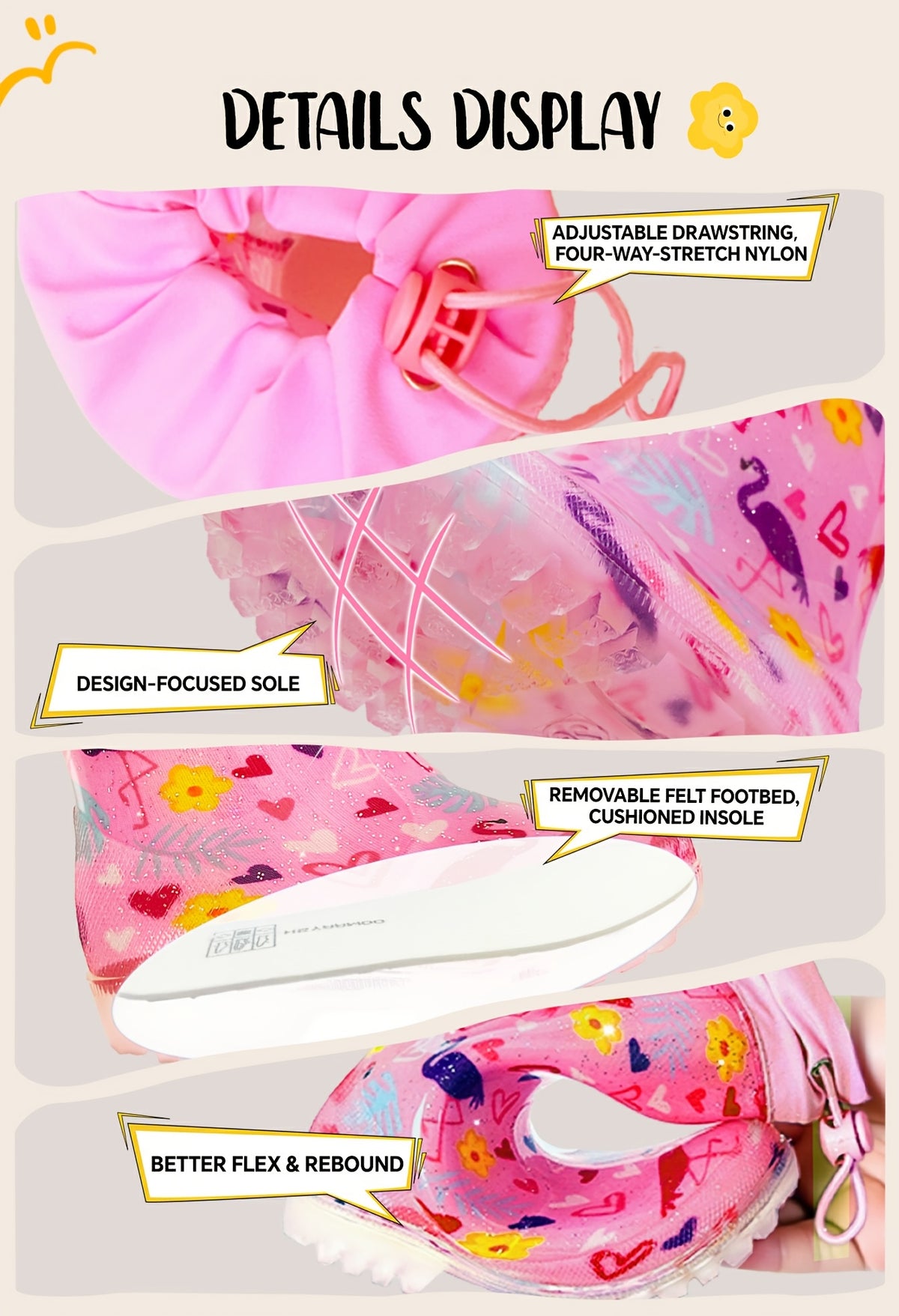 Pink Flamingo Rain Boots for Kids with Drawstring Cuffs, Soft Easy-Clean Design for Rainy-Day Outings, Toddler, Little Kid & Big Kid Sizes