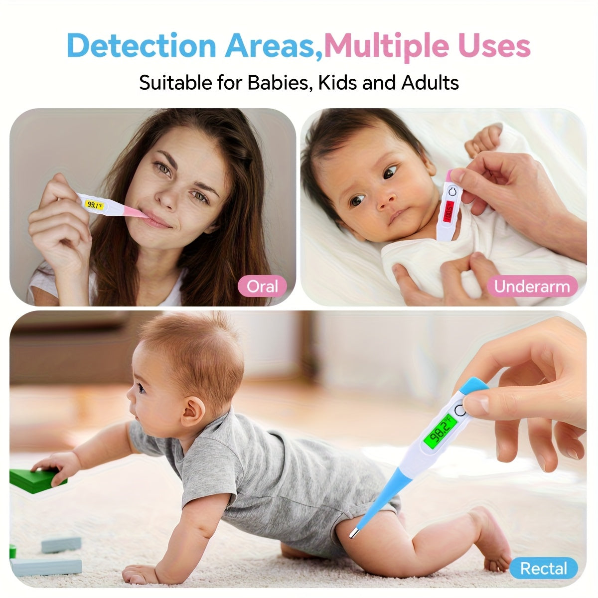Digital Infant Thermometer 2-Pack with Fever Alert, Curved Probe and LED Display, Oral & Rectal Baby Thermometers in Blue and Pink, Celsius/Fahrenheit Switchable