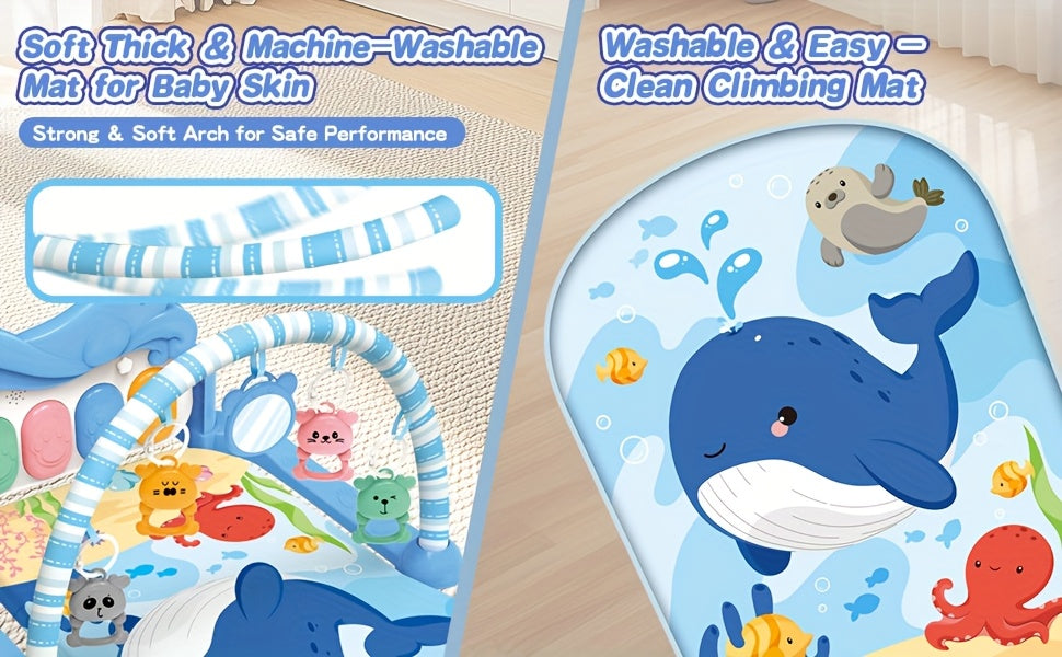 Kick and Play Piano Baby Activity Mat in Blue with Light-Up Keys, 4 Detachable Sensory Toys and Mirror for Newborn Tummy Time and Floor Play