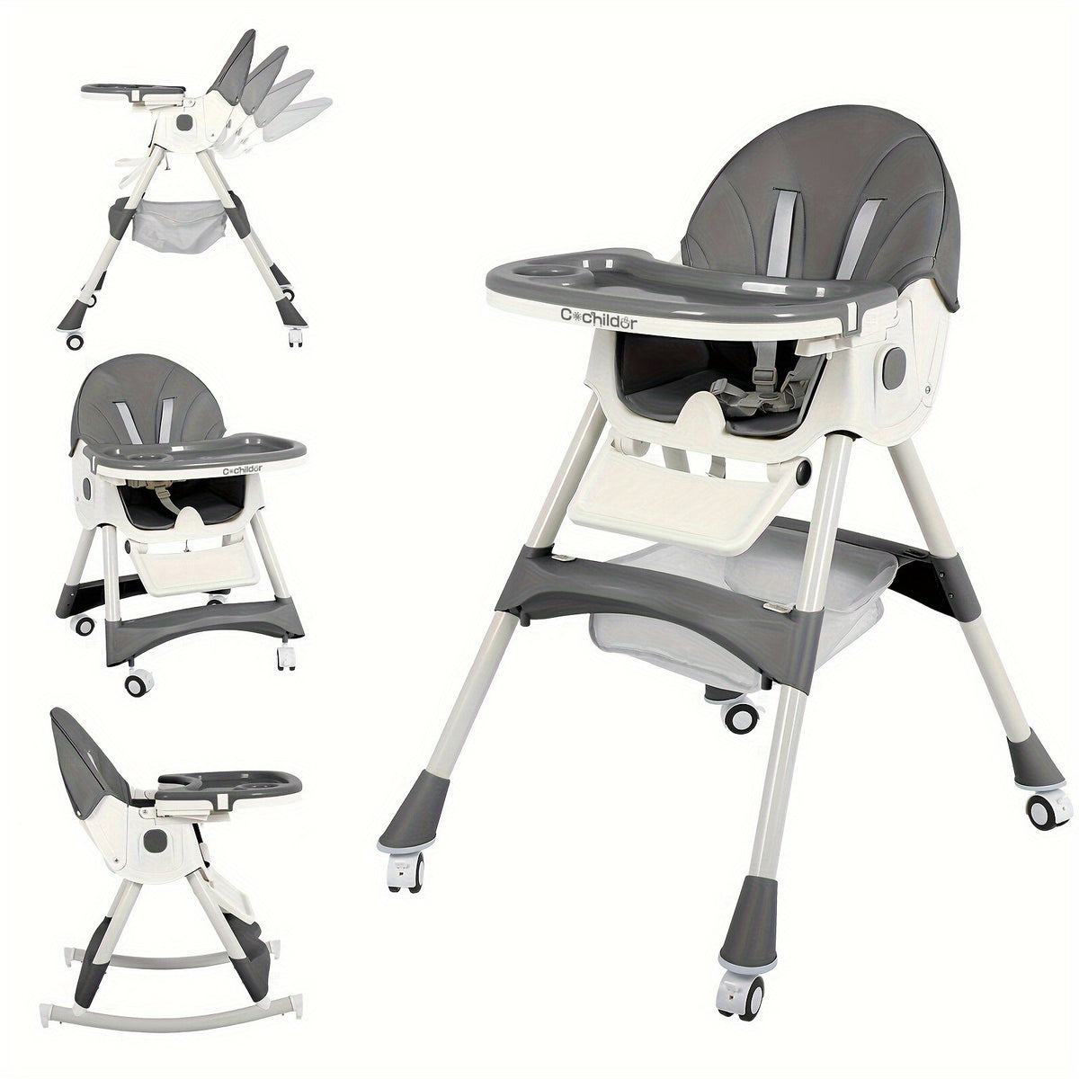 Adjustable Baby Dining Chair with Tray, Convertible Folding High Chair with Multi-Position Backrest and 5-Point Harness for Home Meals and Outings
