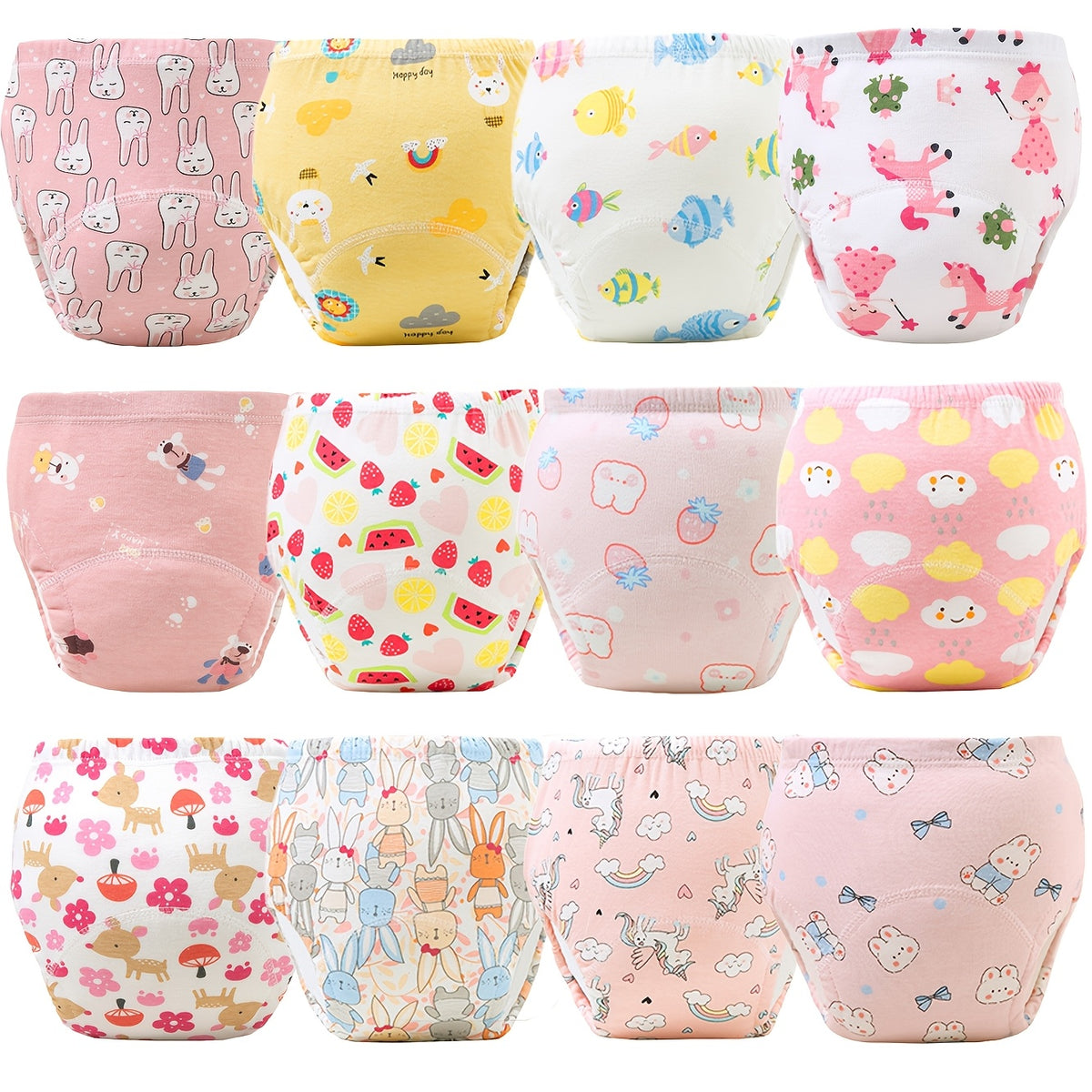 12-Pack 100% Cotton Toddler Potty Training Pants – Breathable Absorbent Leak-Proof Underwear with Cute Animal Prints, Comfortable Elastic Waistband for Boys & Girls 0-3 Years, Great Holiday Gift