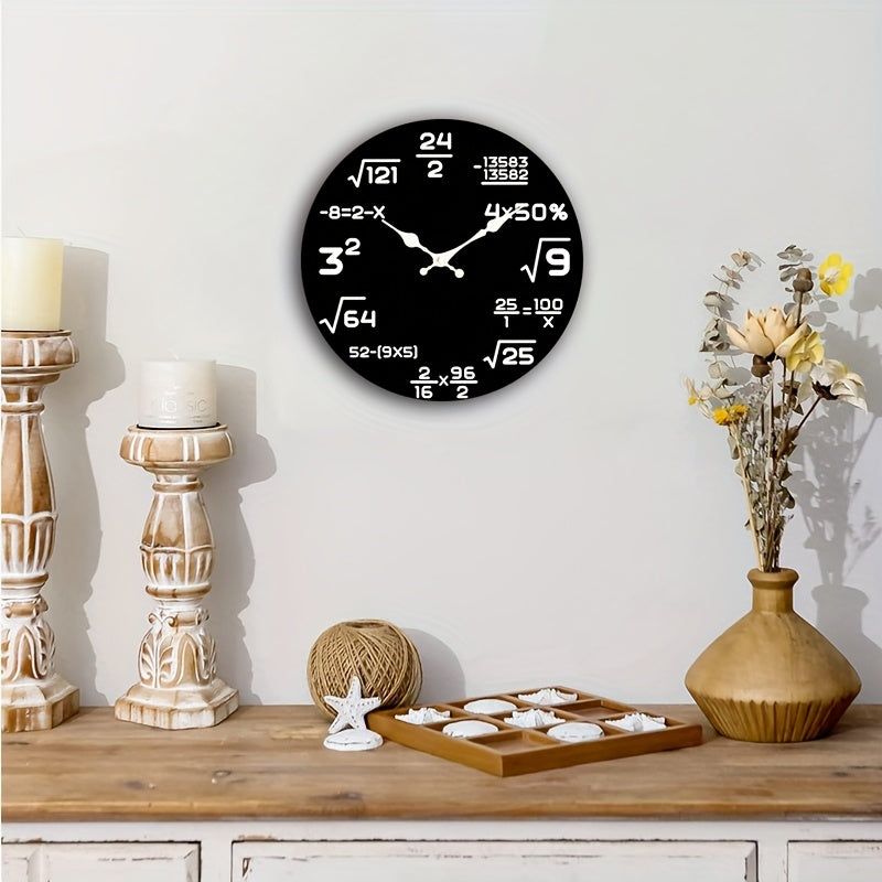 Math Wall Clock 12 Inch Round with Number-Themed 2D Flat Face, Silent Quartz Battery-Operated Decorative Clock for Bedroom or Office