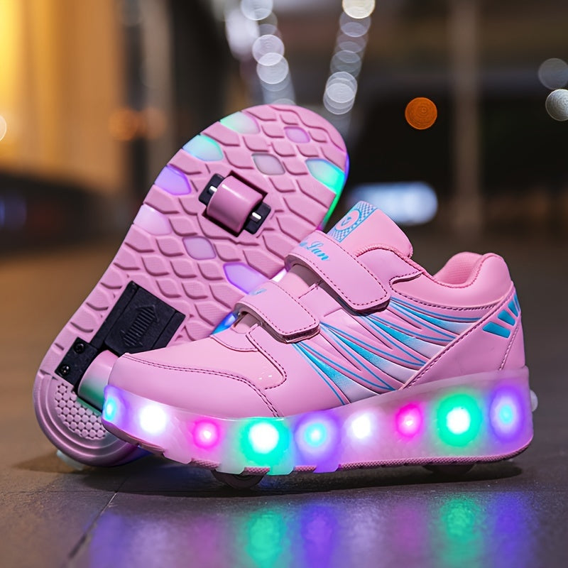Kids Two-Wheel Roller Shoes with Flashing Lights, Pink Wheeled Sneakers for Boys and Girls in Toddler, Little Kid and Big Kid Sizes