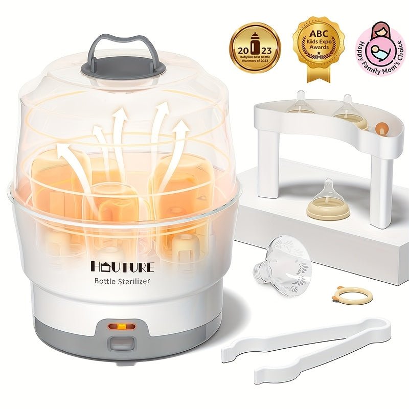 One-Button Baby Bottle Steam Sterilizer, BPA-Free White Countertop Sanitizer with Accessory Rack and Auto Shut-Off for Compatible Feeding Parts