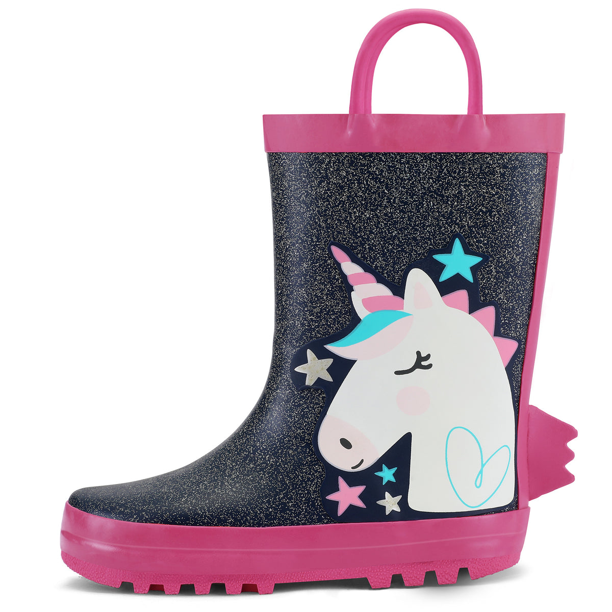 Pull-Handle Kids Rain Boots in PVC, Rainbow Unicorn and Other Color Options with Cartoon Details and Anti-Slip Sole for Toddler to Big Kid Rainy-Day Outings