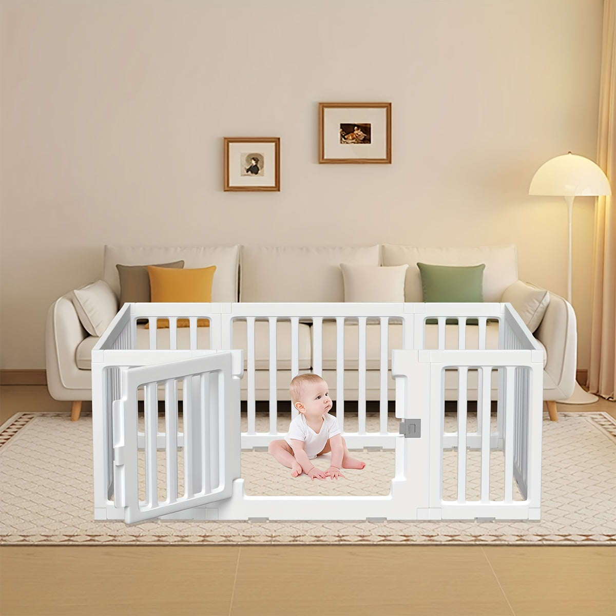 Modular Baby Playpen Fence with Gate, 2-in-1 Adjustable-Shape White Panel Play Yard for Supervised Indoor or Outdoor Kids Activities