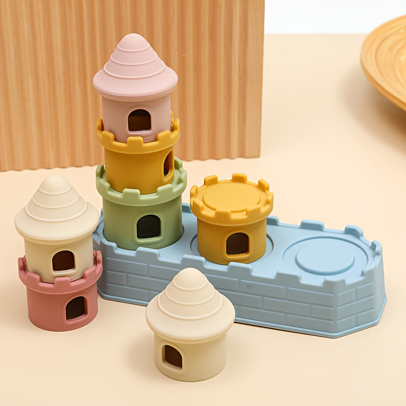 Silicone Castle Stacking Toy with Pastel Building Pieces, Soft Stacking and Nesting Set for Color and Shape Exploration and Supervised Play