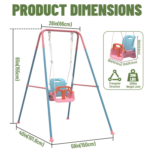 Foldable 3-in-1 Child Swing Set with Metal Stand, Detachable Seat for Ages 6 Months to 10 Years, Indoor or Outdoor Use and Compact Storage
