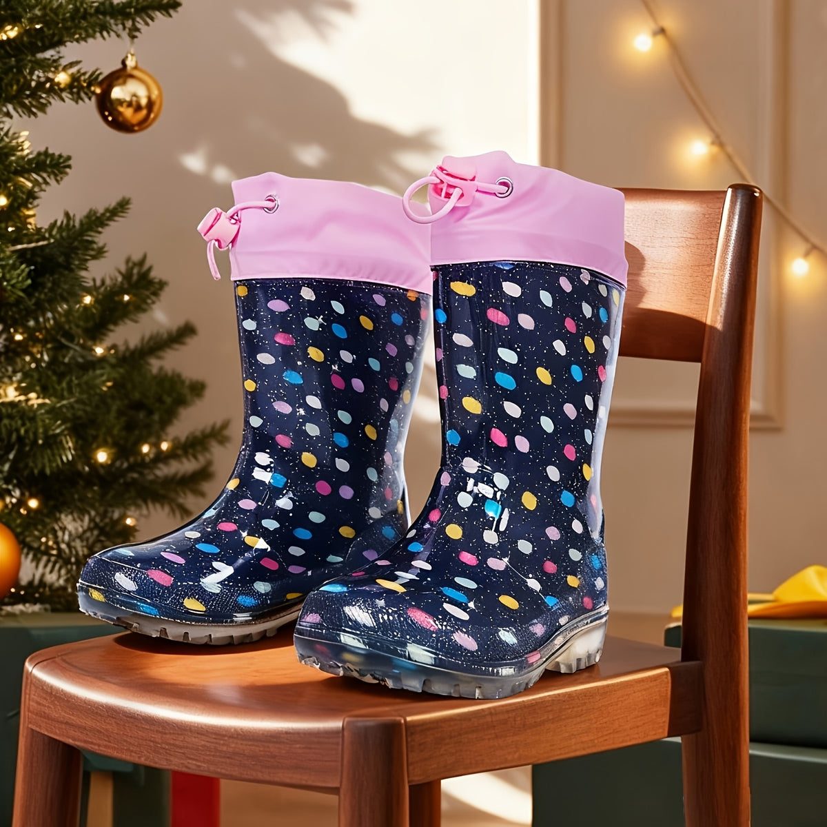 Kids Rain Boots in Cyan, PVC Short Ankle Boots with Polka Dot and Cartoon Prints, Easy-Clean Non-Slip Sole for Toddler and Little Kid Rainy-Day Outdoor Play