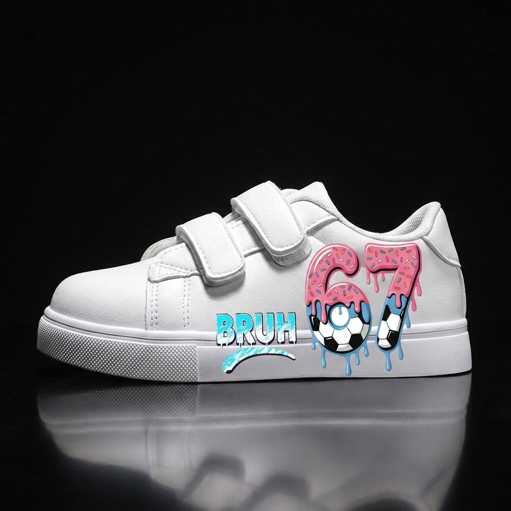 Kids Hook-and-Loop Sneakers with 67 Cartoon Print, White Low-Top Triple-Strap Casual Shoes for Toddler, Little Kid and Big Kid School Outfits and Play