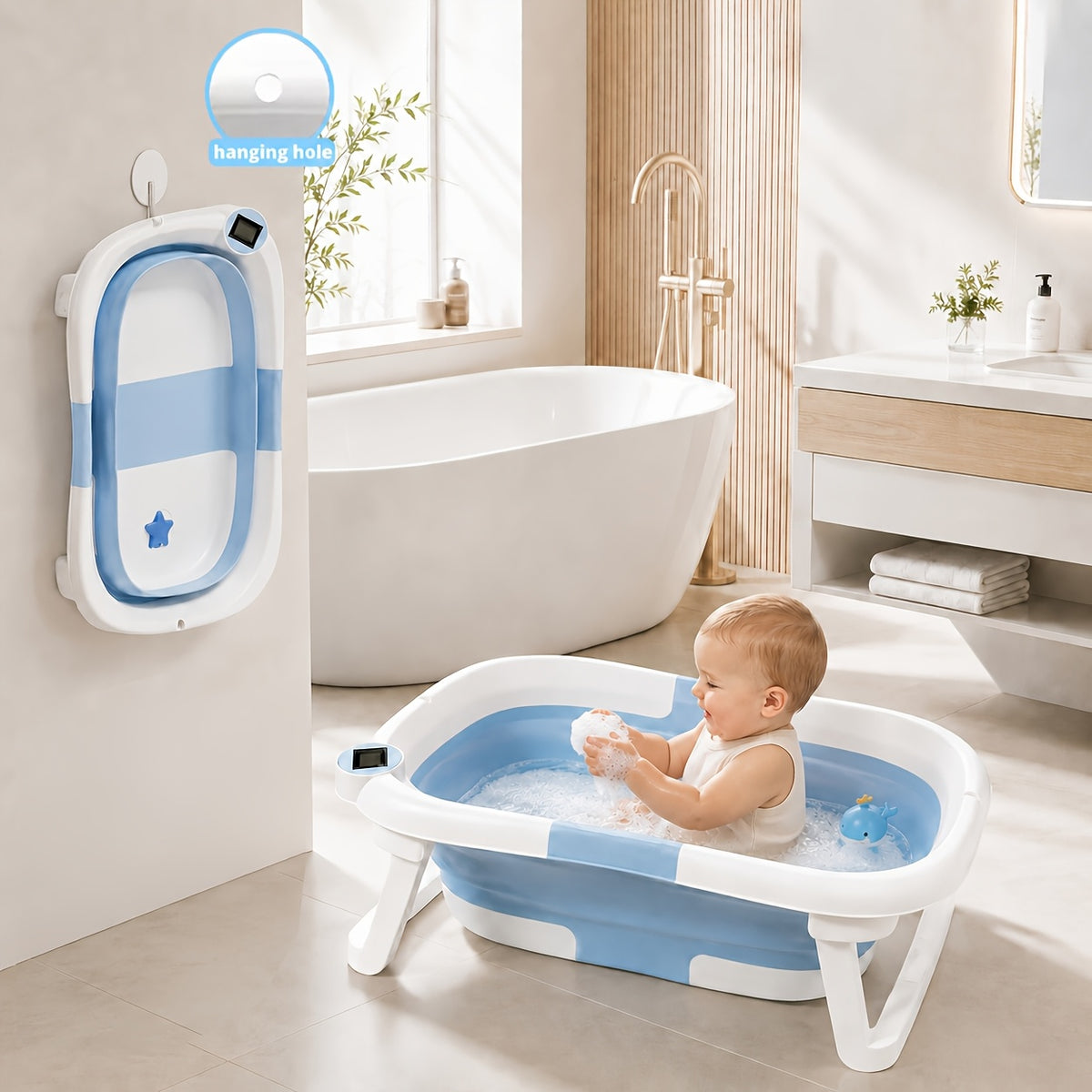 Space-Saving Baby Bath Tub with Soft Cushion and Thermometer, Foldable Portable Bathtub for Supervised Bath Time at Home and Travel