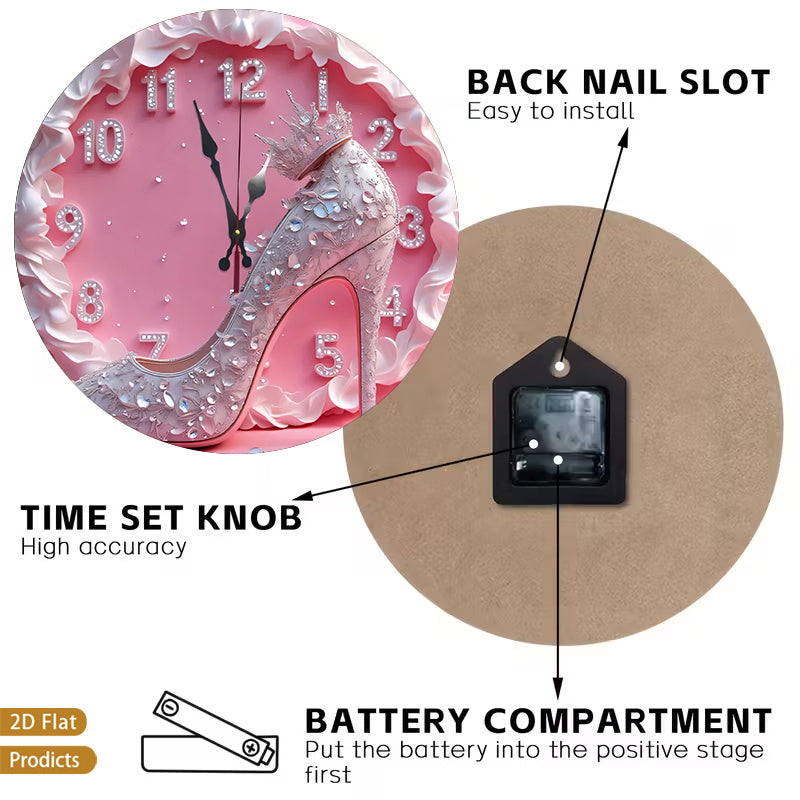 High Heel Shoe Wall Clock 12 Inch, Silent Non-Ticking Round 2D Flat Decorative Clock with Wood Frame for Bedroom or Dressing Room