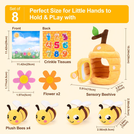 Baby Sensory Bee Toys with 2 Flower Beehives and 4 Stuffed Bees, Crinkle Rattle and Mirror Play Set for Infant Exploration and Baby Shower Gifts
