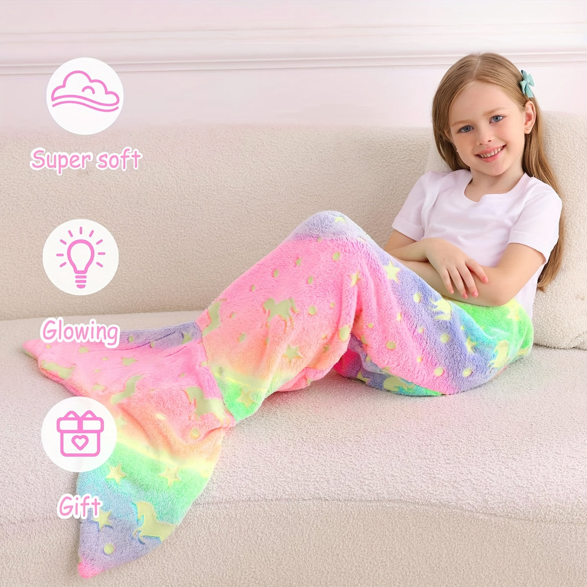 Mermaid Tail Blanket for Girls, Soft Polyester Knit Fish Tail Throw with Colorful Tie-Dye Unicorn-Inspired Design for Cozy Reading and Gift Giving