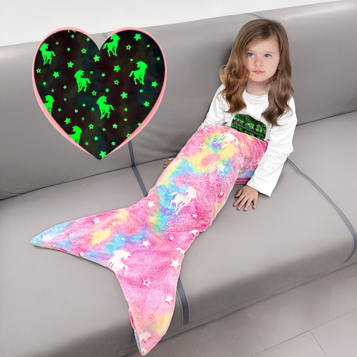 Mermaid Tail Blanket for Girls, Soft Polyester Knit Fish Tail Throw with Colorful Tie-Dye Unicorn-Inspired Design for Cozy Reading and Gift Giving