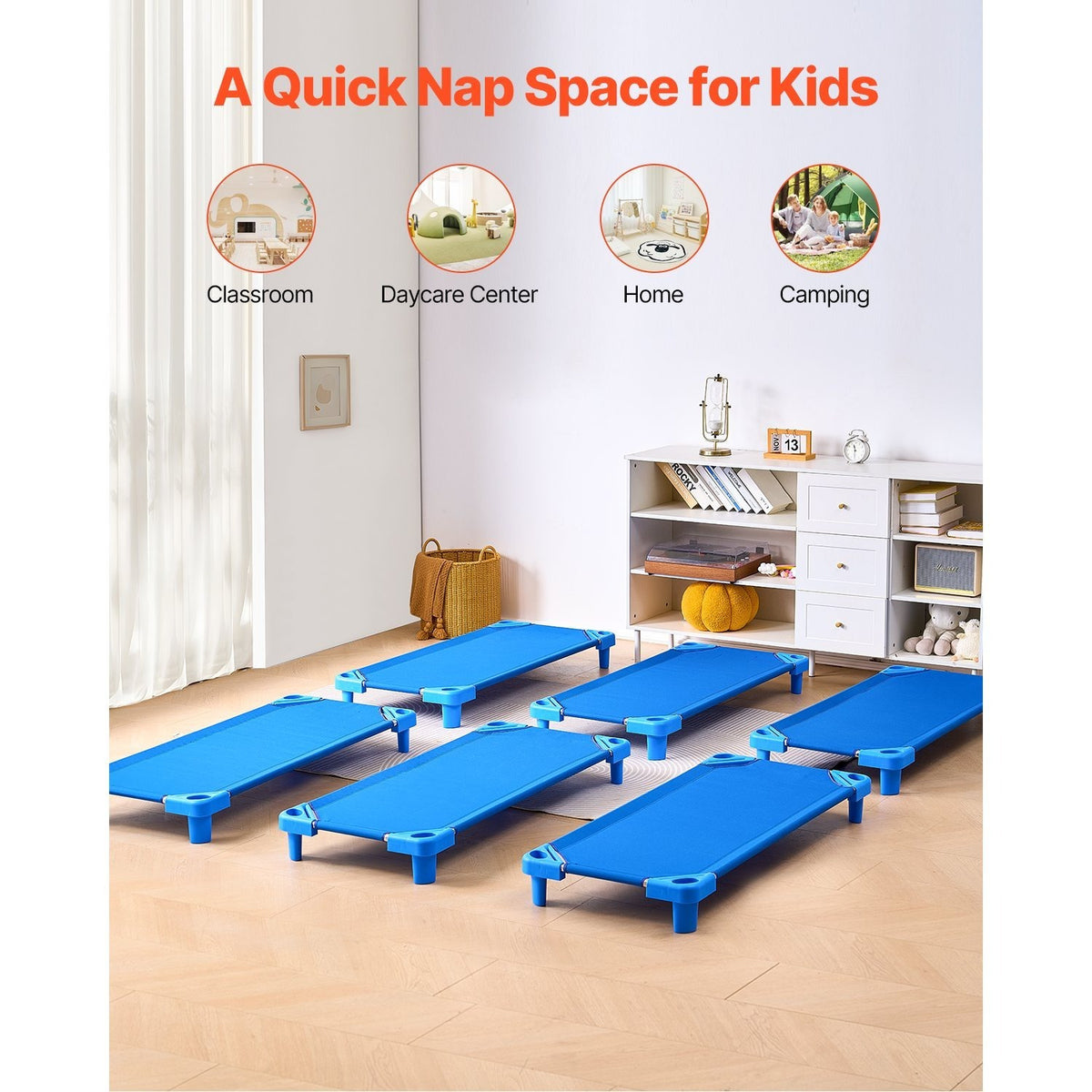 Stackable Toddler Nap Cots (Pack of 4 or 6) โ Portable Daycare Sleeping Beds for Kids, 52" L x 23" W Preschool Classroom Rest Cots with Sturdy Steel Frame and Breathable Oxford Fabric, Blue